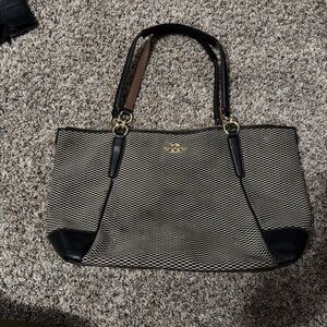 Coach Taylor Tote F28467 Check Jacquard Black Brown Leather Trim Shoulder Bag